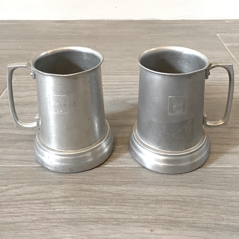 PLAYBOY Etched Pewter Beer Mugs ~ Vintage Collectible Stein Set
